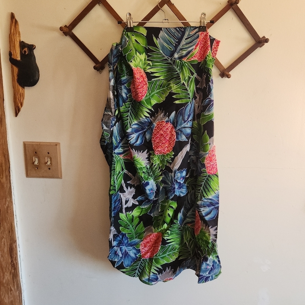 Vintage Hilo Hattie Wrap Skirt Swim Cover Blue Green Floral Hawaiian Cotton OS